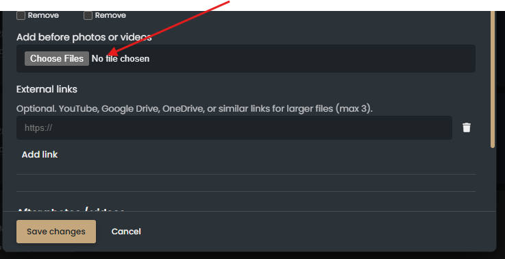 Use Add before photos or videos to upload files.
